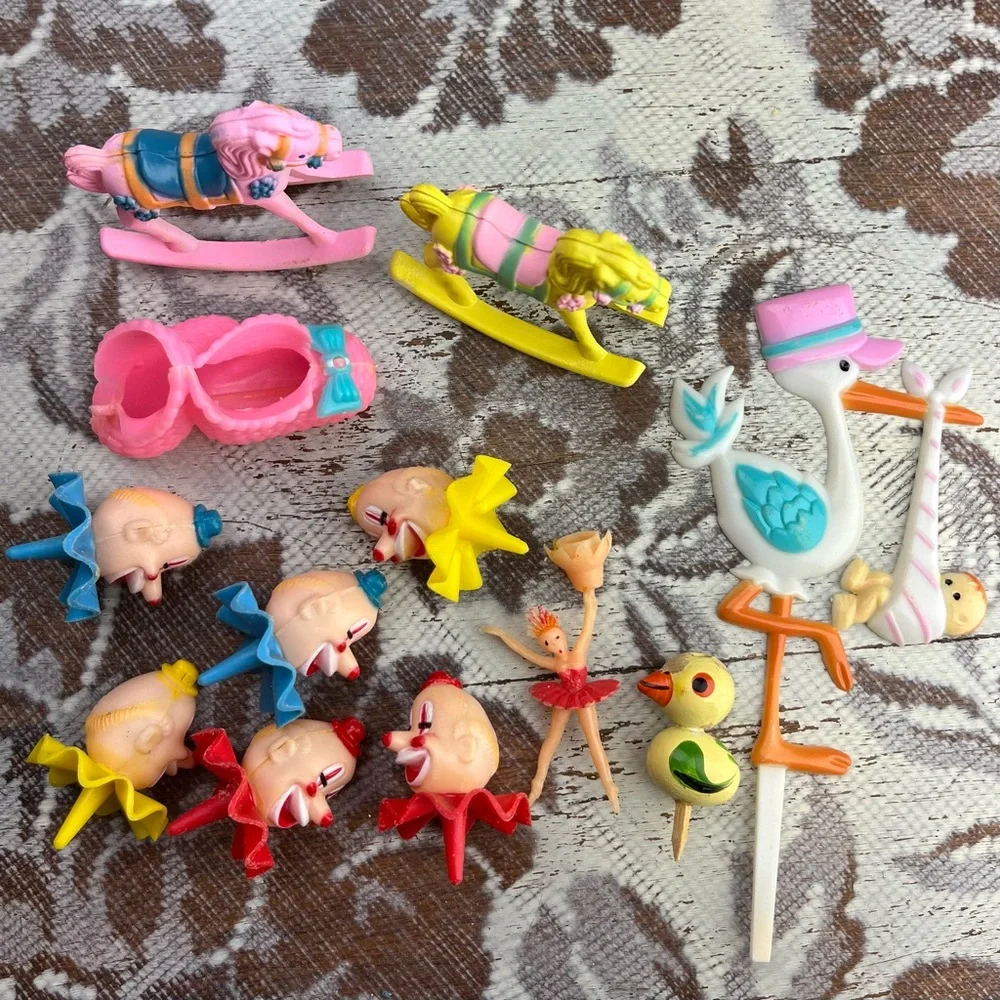 Lot Vintage Cake Cupcake Toppers Picks Decoration Clown Heads, Baby Shower, Kids